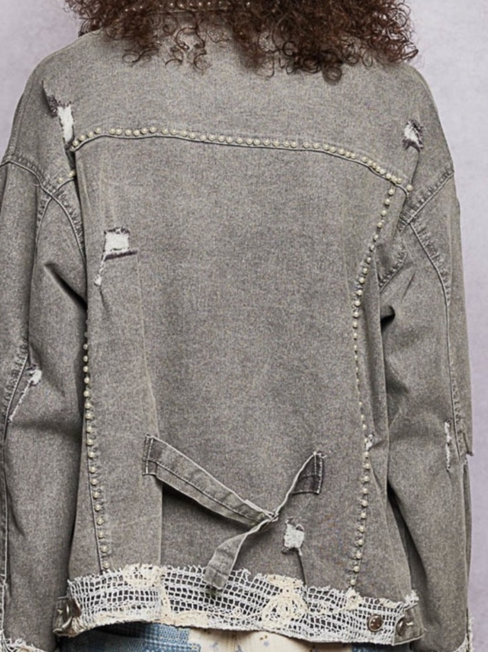 💕POL Distressed Gray Women's Denim Jacket with Pearl Accent - Picture 6 of 10